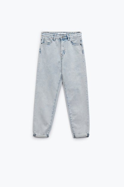 Five pockets mom jeans wash effect with folded hem