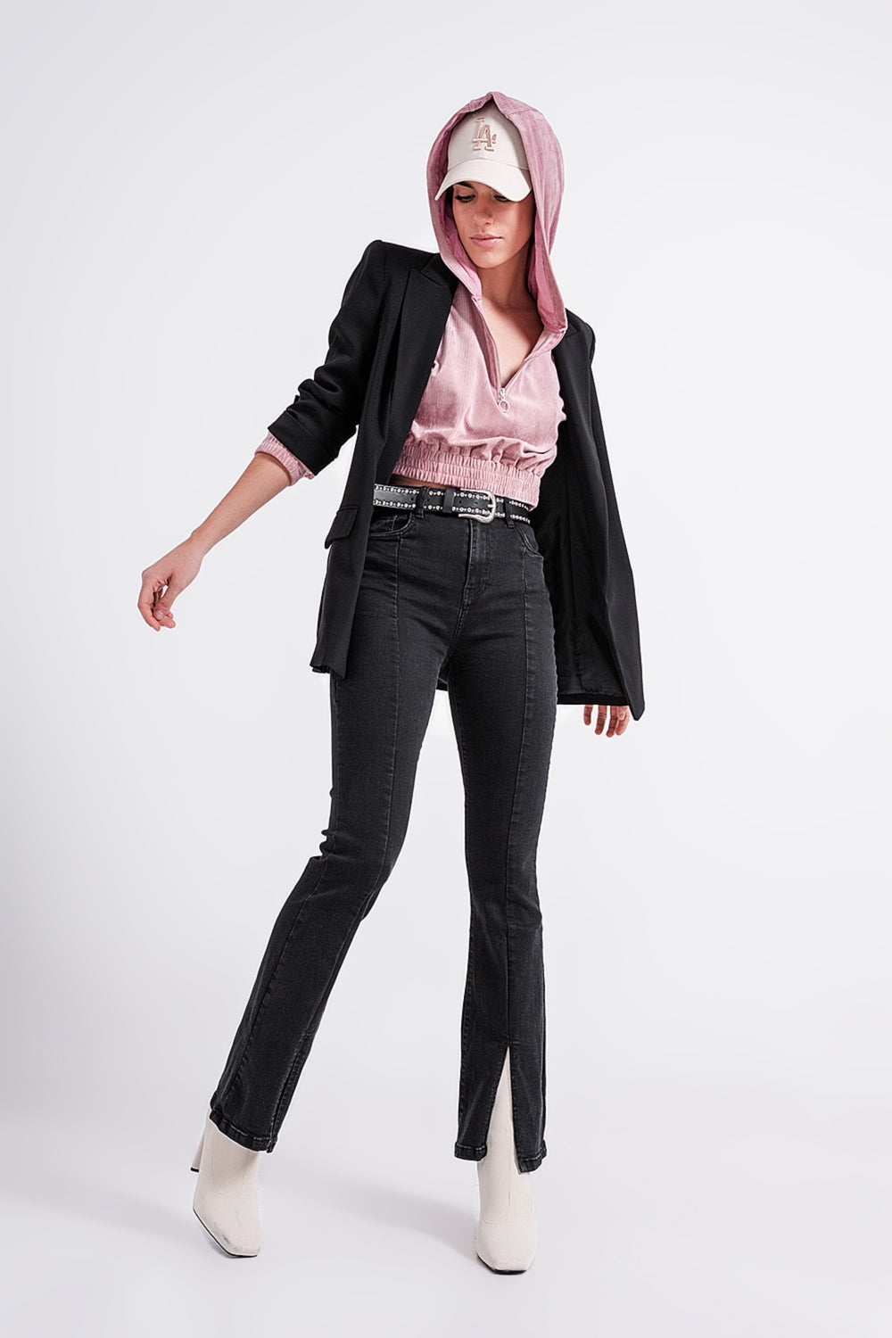 Flare black jeans with split hem