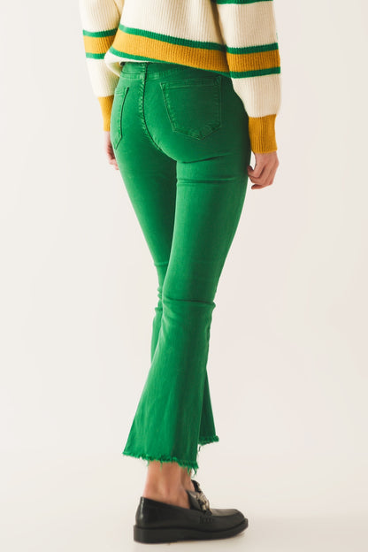 Flare jeans with raw hem edge in bright green