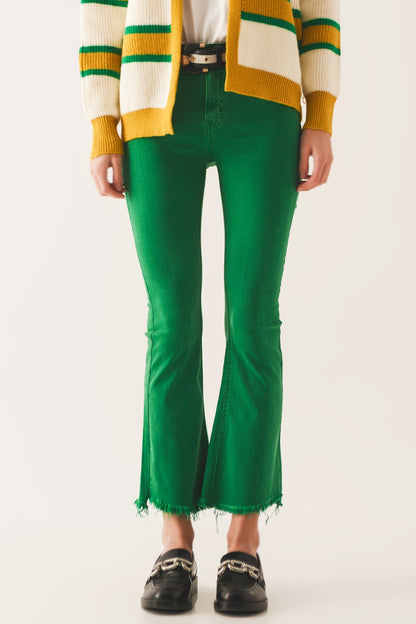 Flare jeans with raw hem edge in bright green