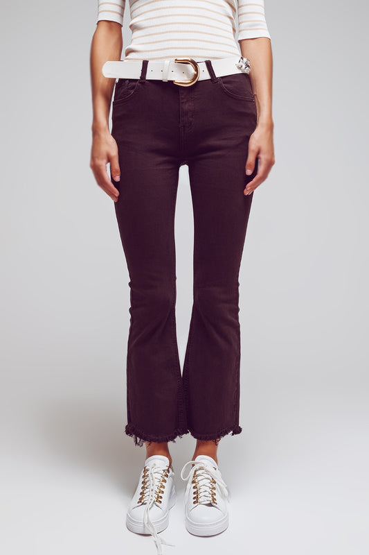 Q2 Flare jeans with raw hem edge in brown