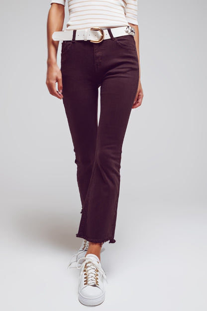 Flare jeans with raw hem edge in brown