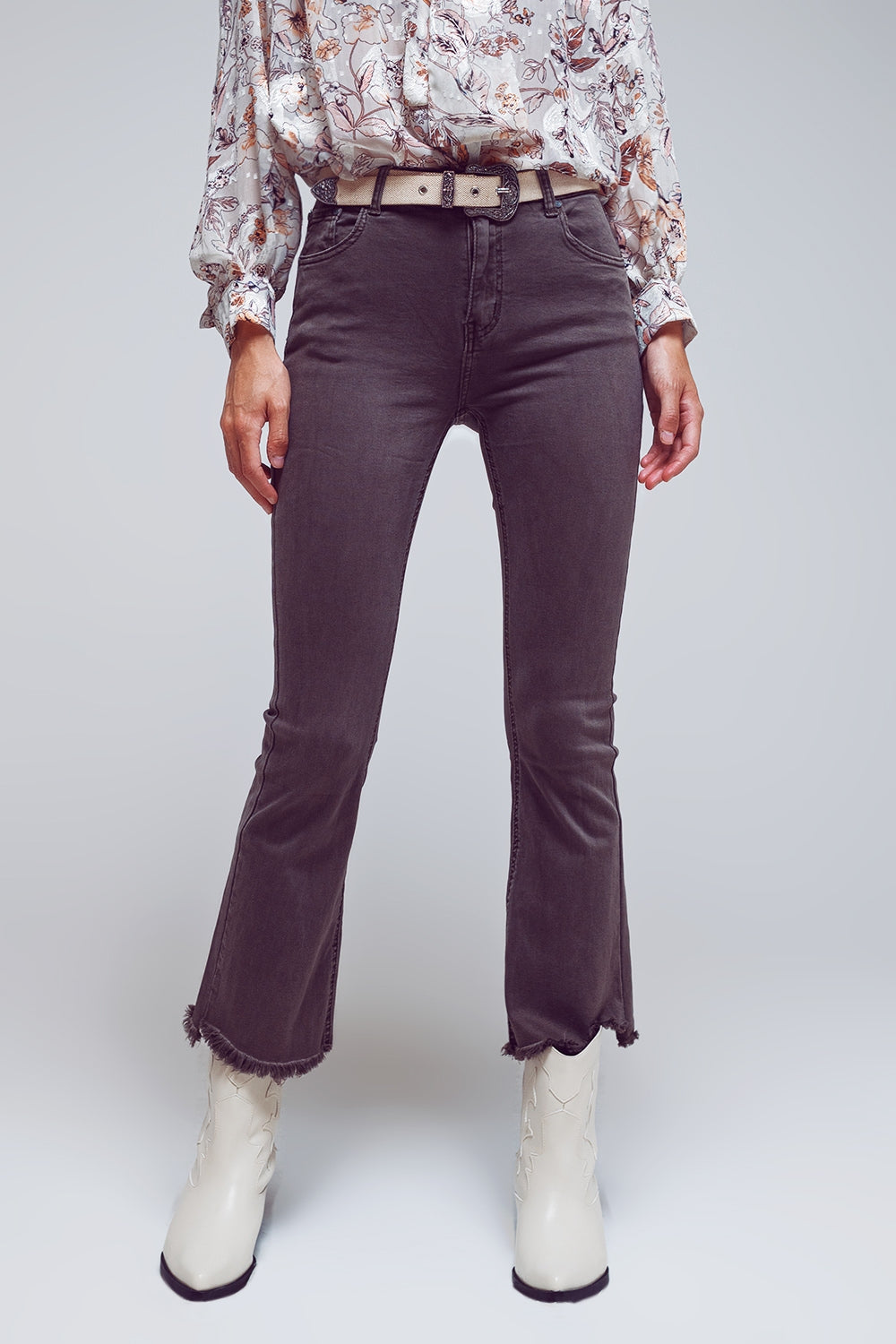 Flare jeans with raw hem edge in dark grey