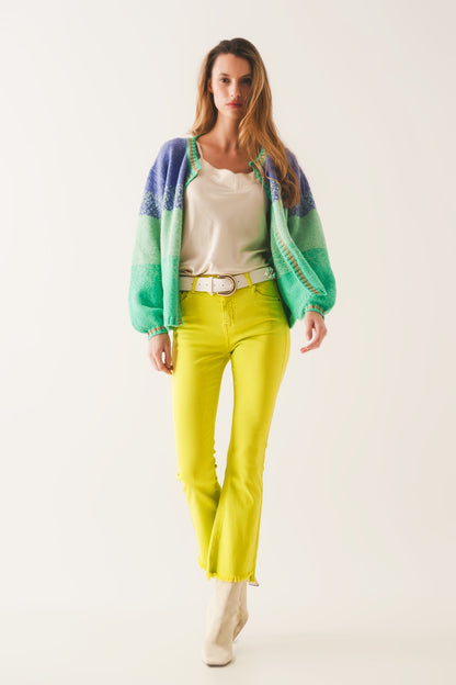 Flare jeans with raw hem edge in yellow