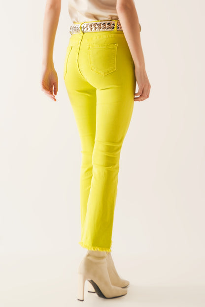 Flare jeans with raw hem edge in yellow