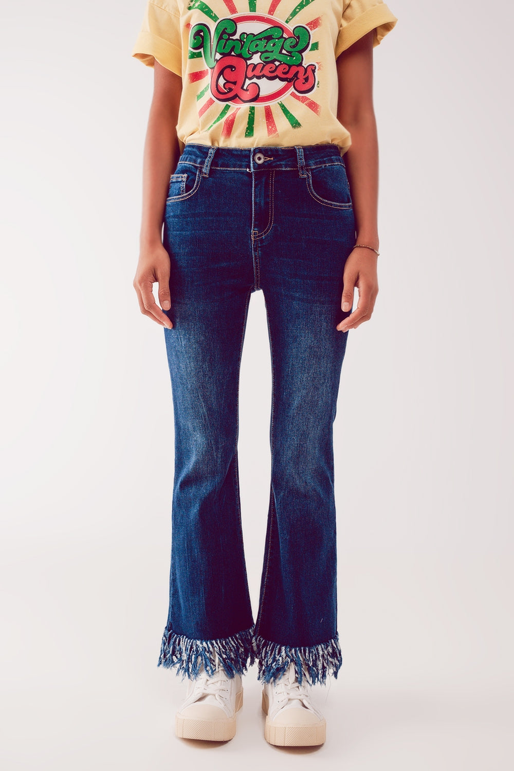 Flare straight leg jeans with raw hem edge in deep blue