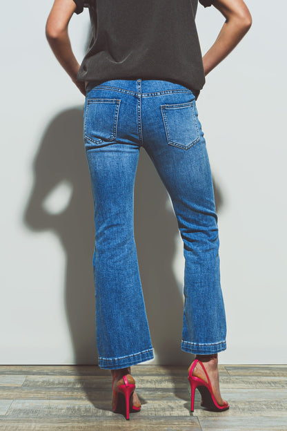 Flared double button waist jeans in blue denim