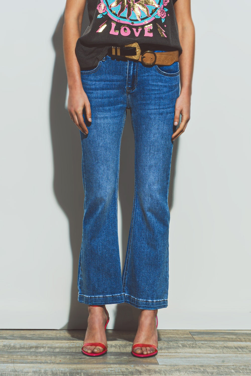 Flared double button waist jeans in blue denim