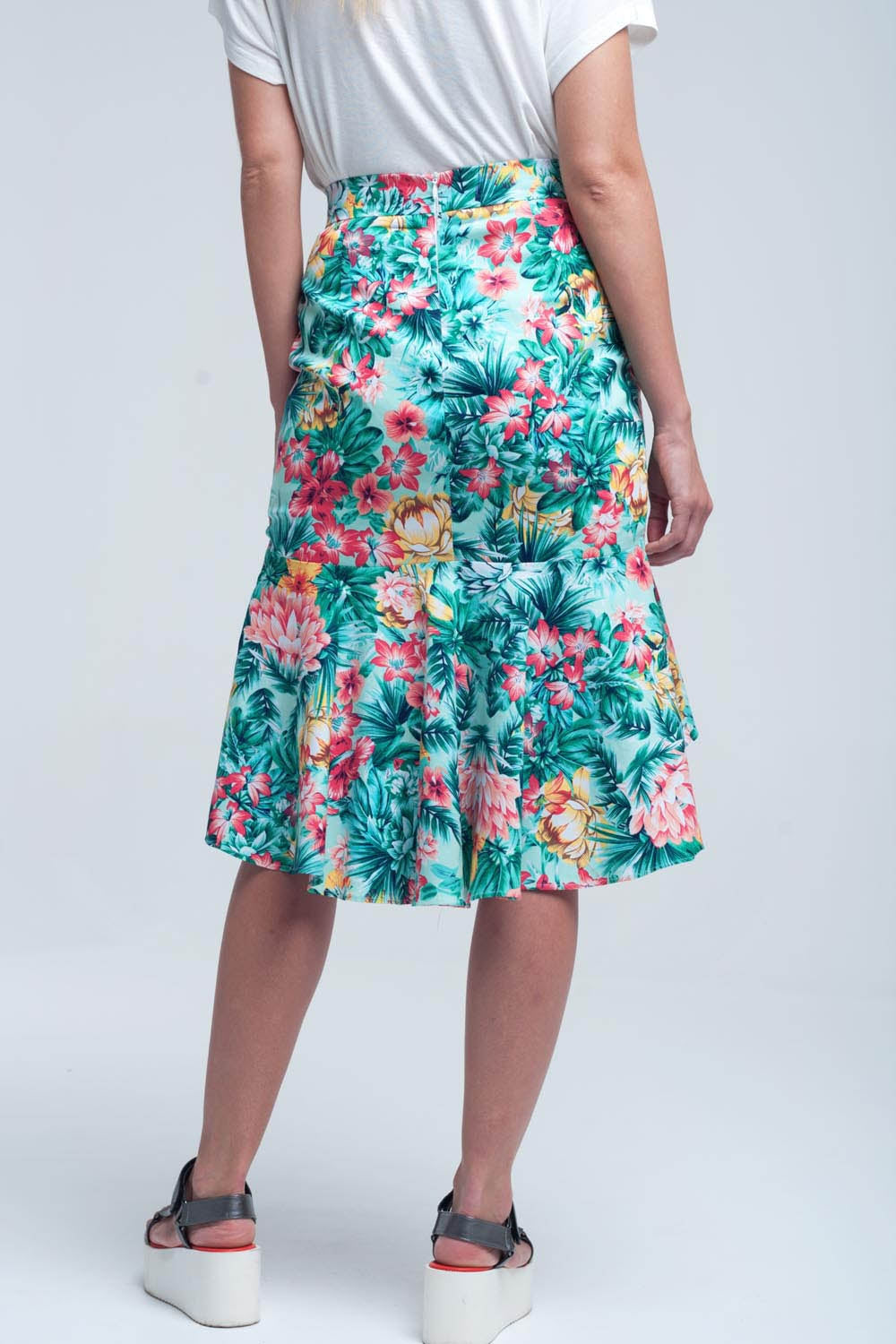 Floral asymmetrical green skirt