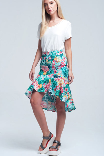 Q2 Floral asymmetrical green skirt