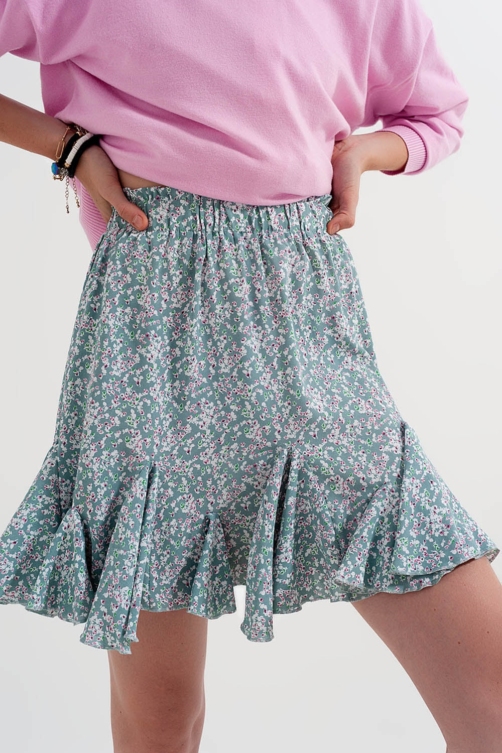 Floral flounce co-ord mini skirt in green