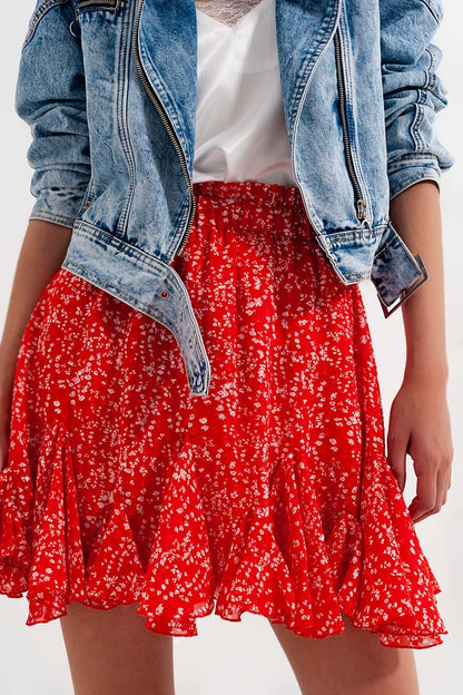 Floral flounce co-ord mini skirt in red