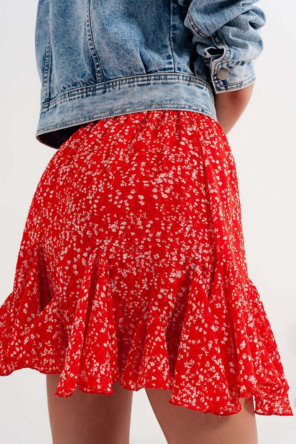 Floral flounce co-ord mini skirt in red