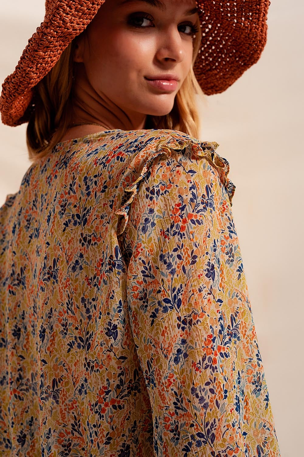 Floral metallic ruffle blouse in green