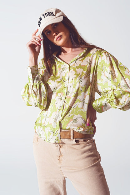 Q2 Floral Print chiffon Shirt in Green