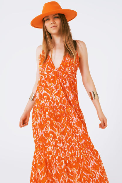 Floral Print Maxi Dress with V neck in orange