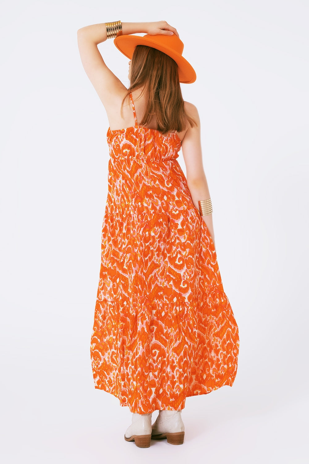 Floral Print Maxi Dress with V neck in orange