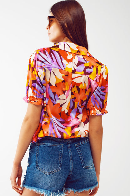 Floral print shirt with elasticated sleeves in multi colour