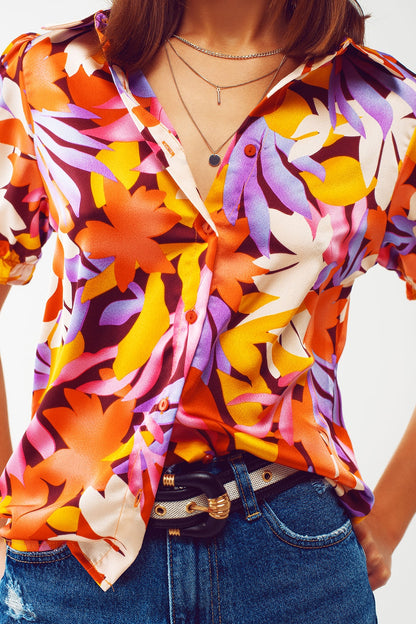 Floral print shirt with elasticated sleeves in multi colour