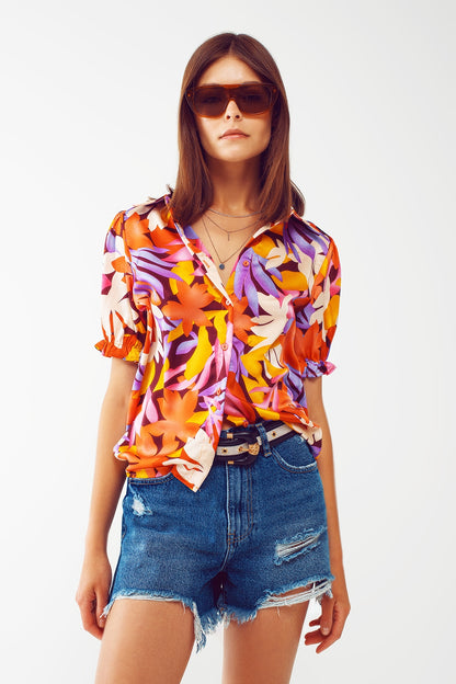 Floral print shirt with elasticated sleeves in multi colour