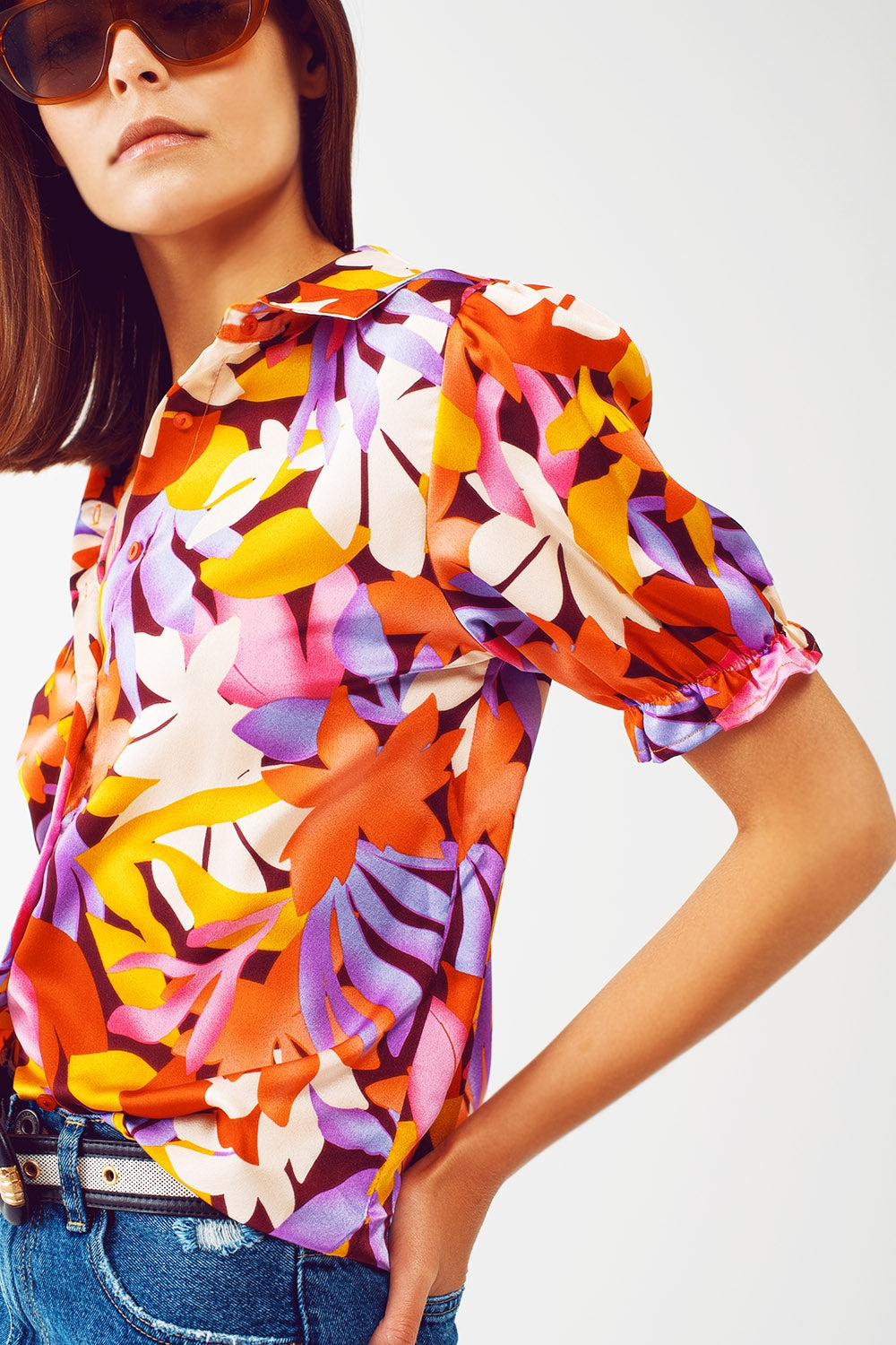 Floral print shirt with elasticated sleeves in multi colour