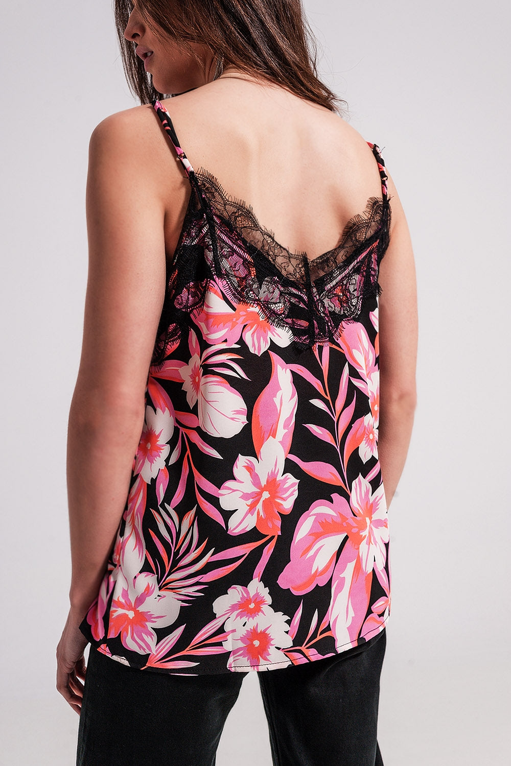 Floral printed cami with lace trim