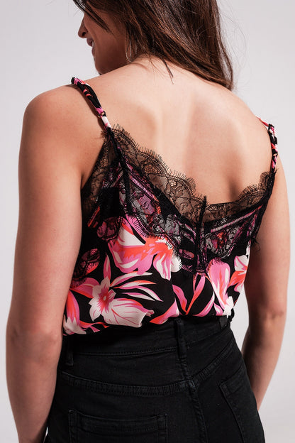 Floral printed cami with lace trim