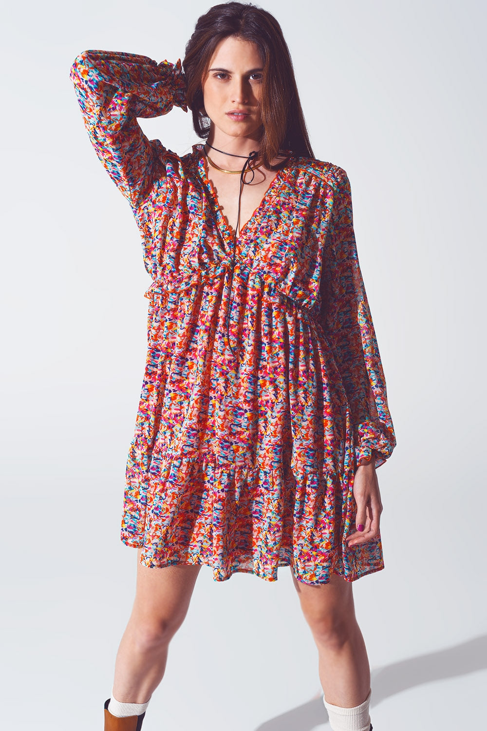 Floral V Neck Mini Dress in Multicolour