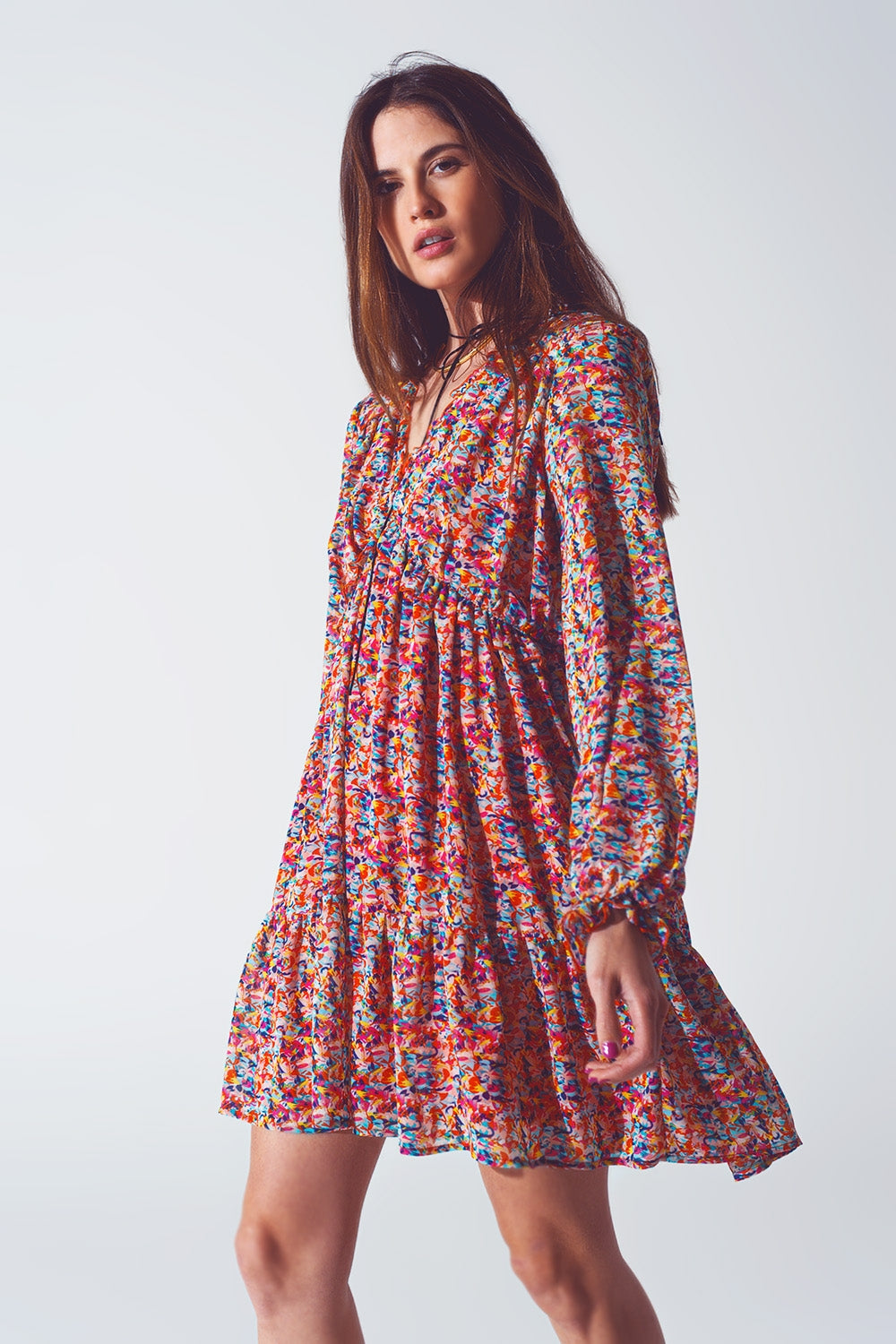 Floral V Neck Mini Dress in Multicolour