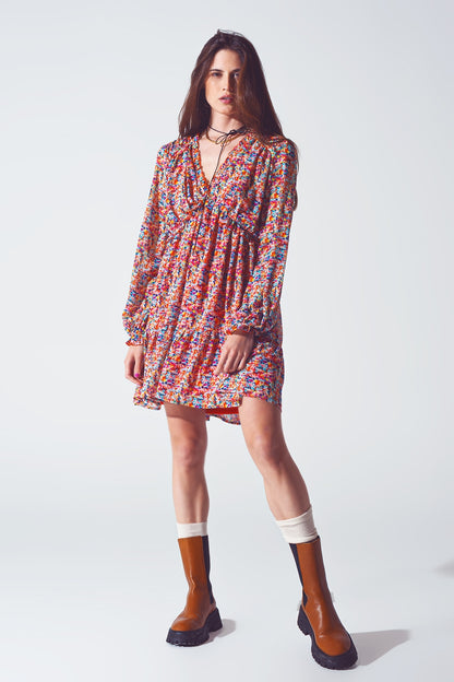 Floral V Neck Mini Dress in Multicolour