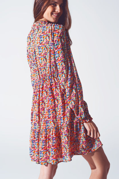 Floral V Neck Mini Dress in Multicolour