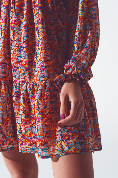 Floral V Neck Mini Dress in Multicolour