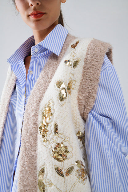 Flower Embroidered Knitted Vest in Ecru