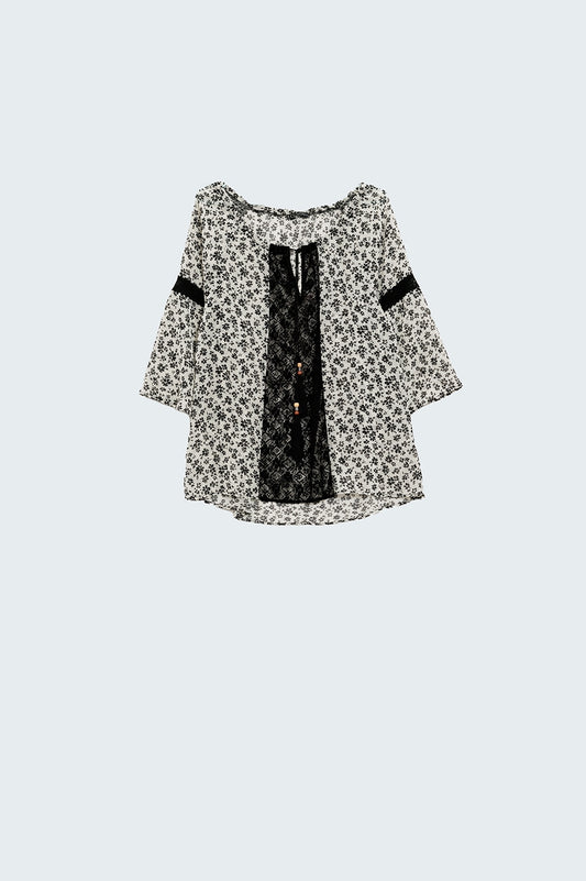 Q2 flower print chiffon blouse with lace detail