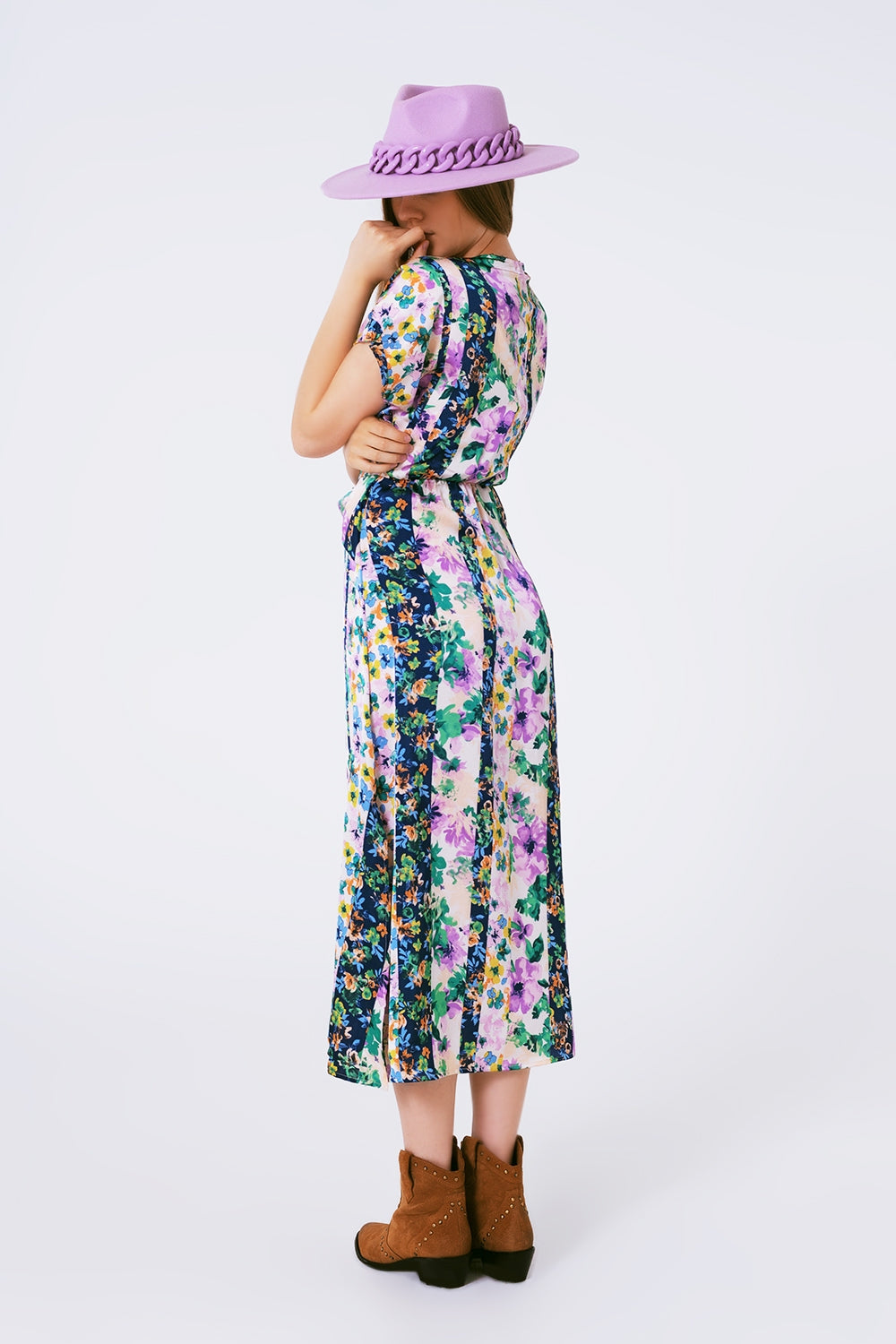 Flower Print Front Knot Maxi Dress in Purple and Green Multicolour