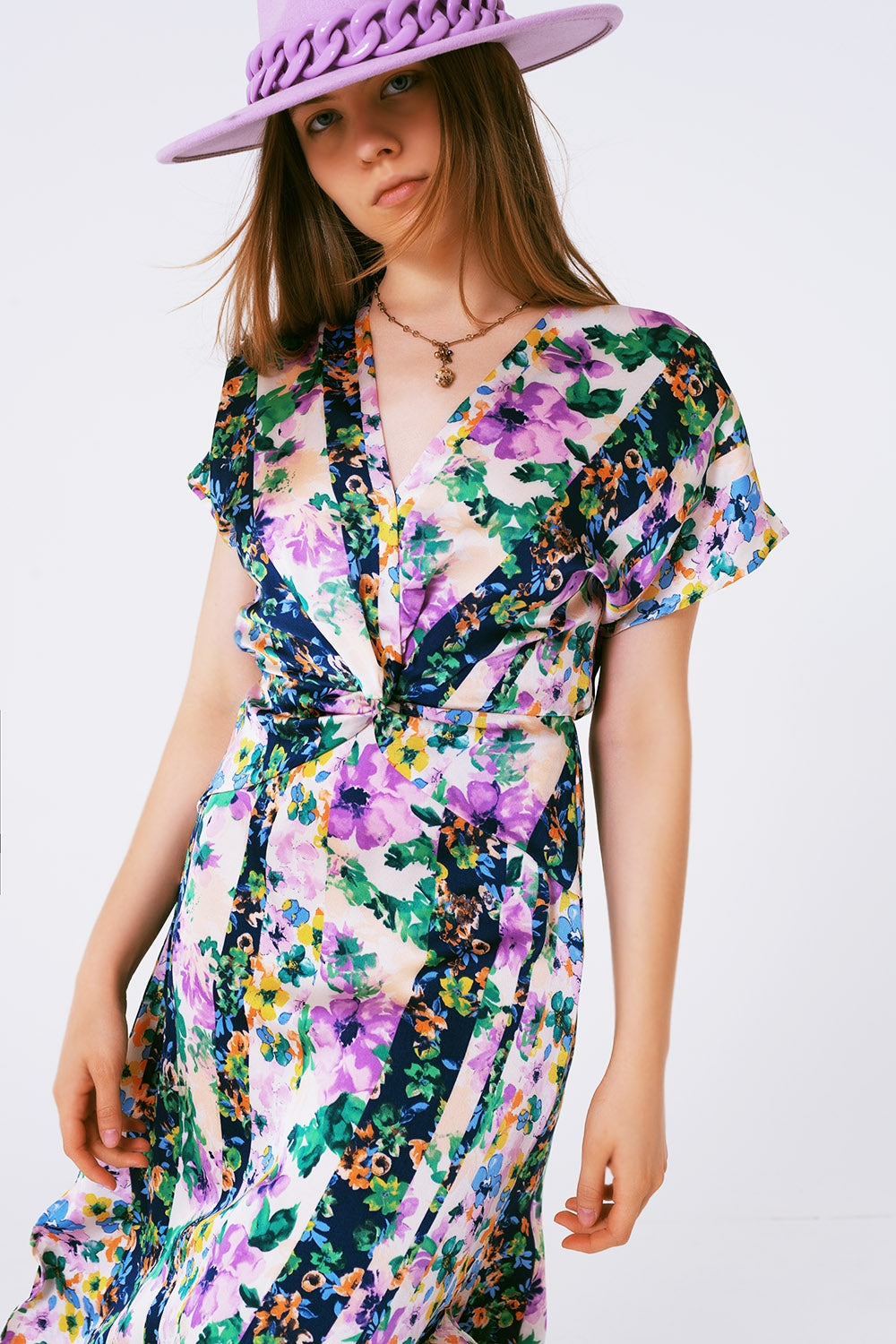 Flower Print Front Knot Maxi Dress in Purple and Green Multicolour