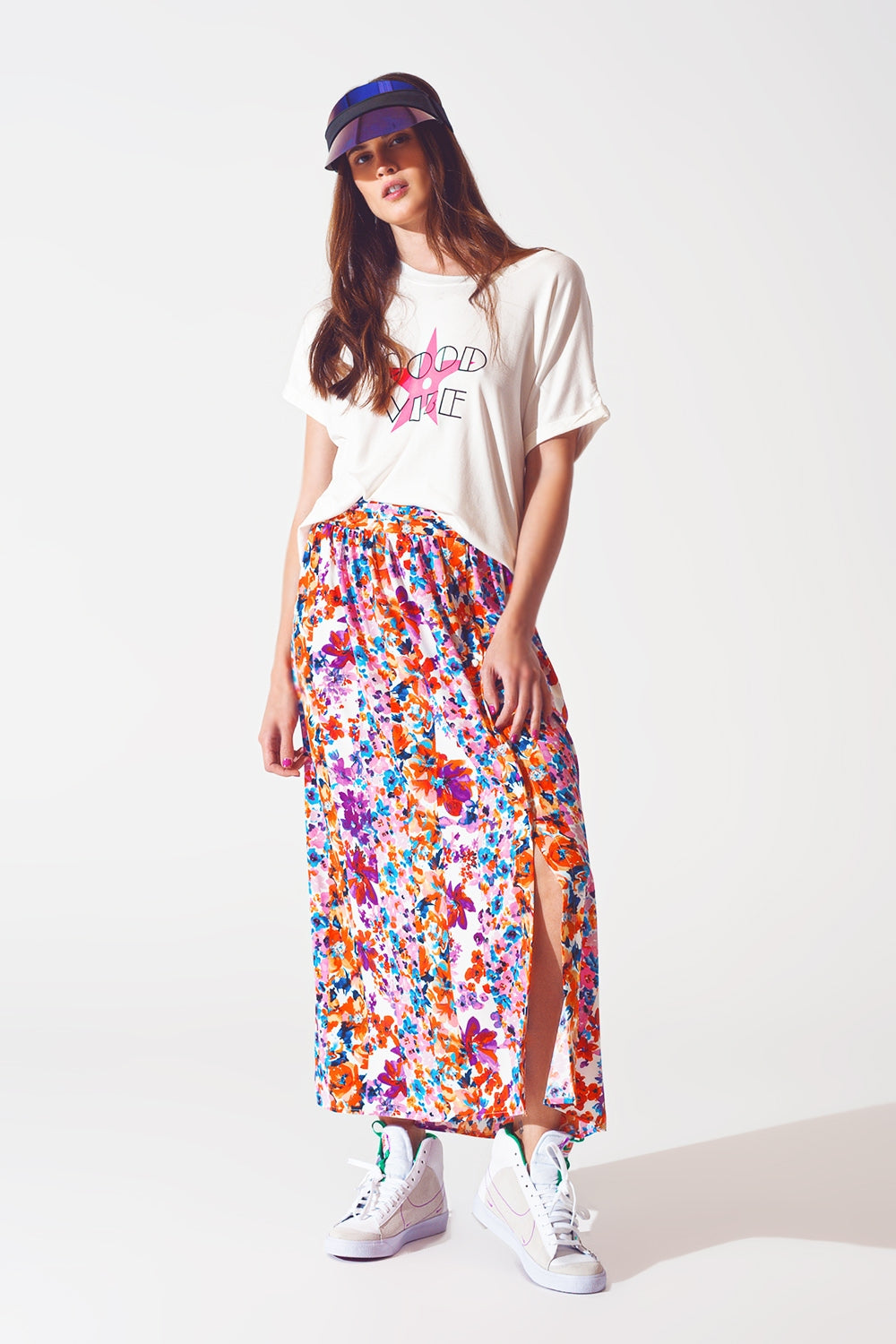 Flower Print Pleated Midi Skirt