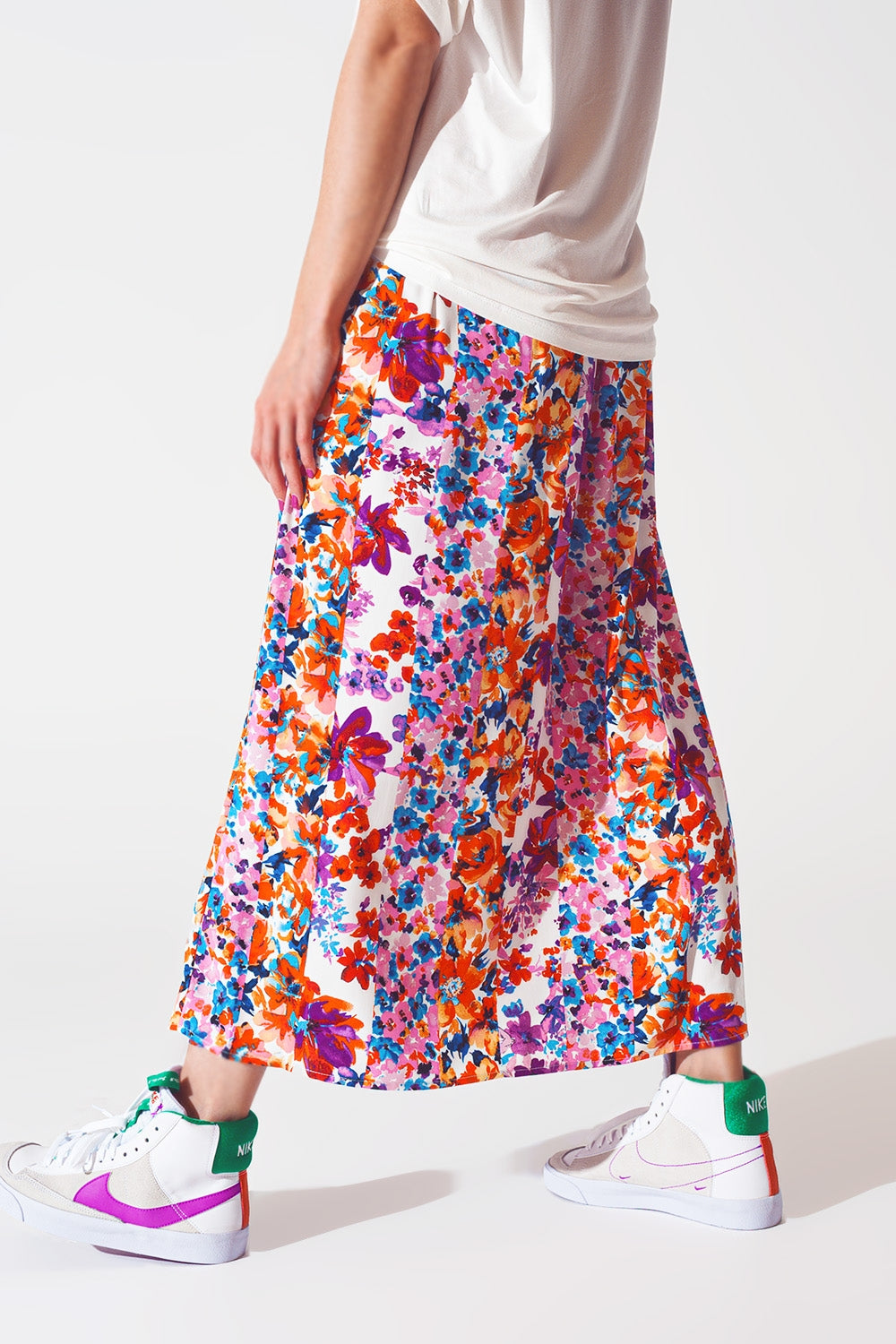 Flower Print Pleated Midi Skirt