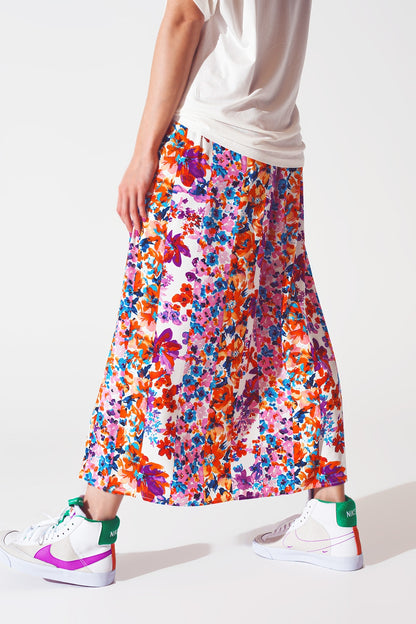 Flower Print Pleated Midi Skirt