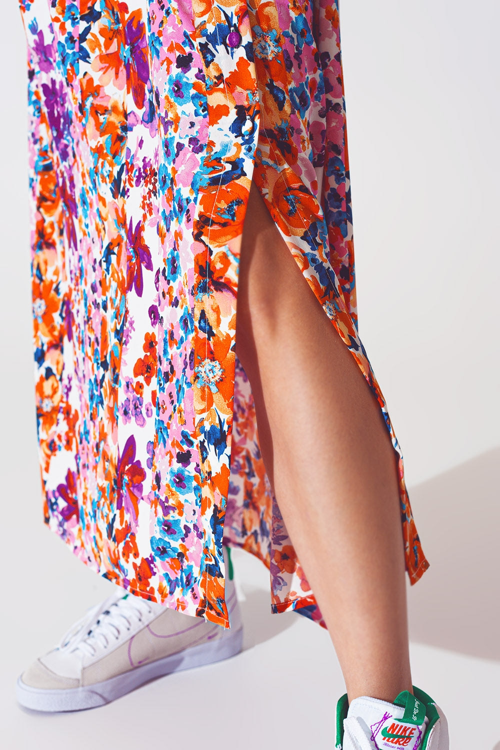 Flower Print Pleated Midi Skirt