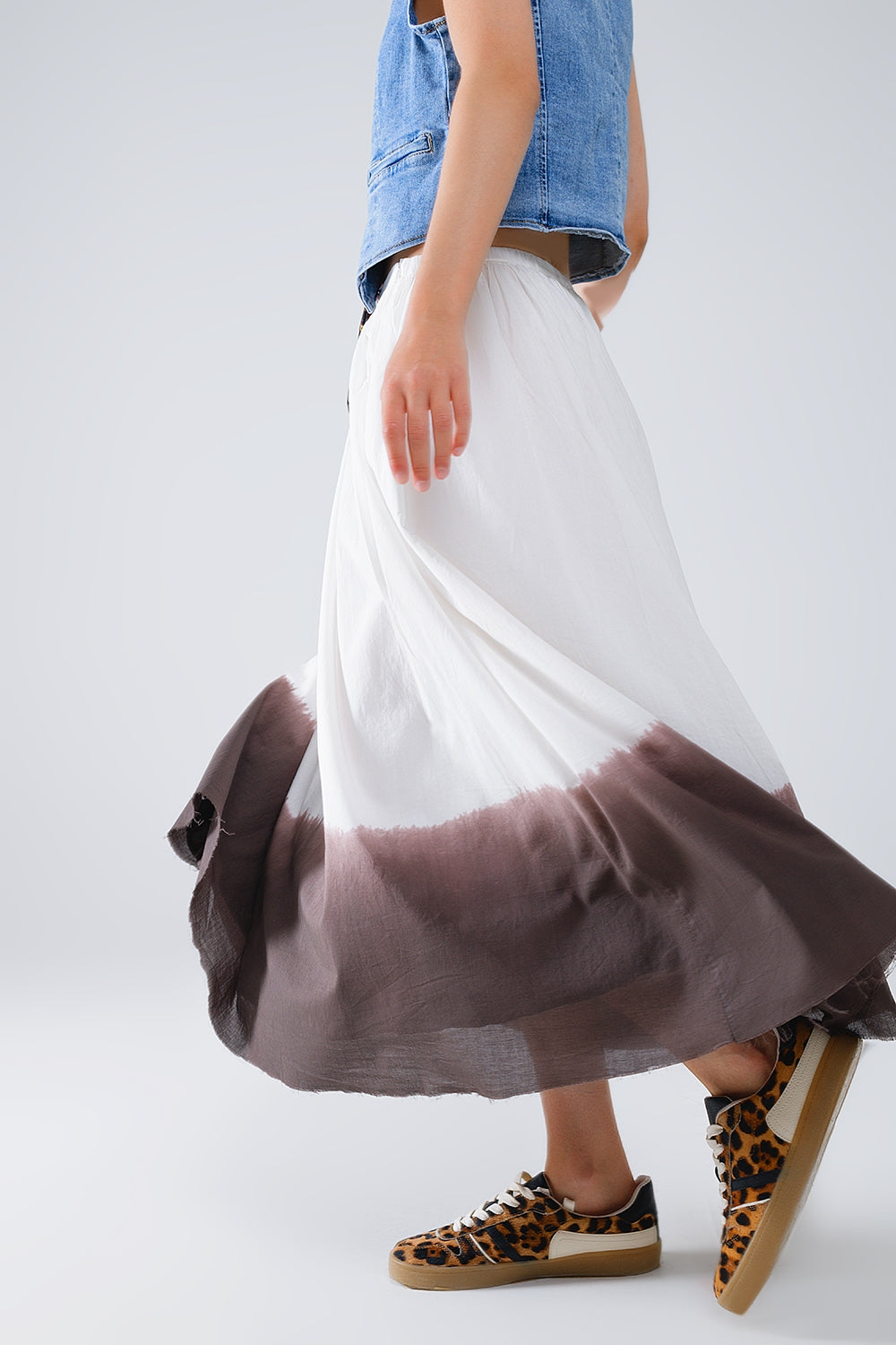 Flowy Drop Waist White Skirt With Brown Ombre Detail