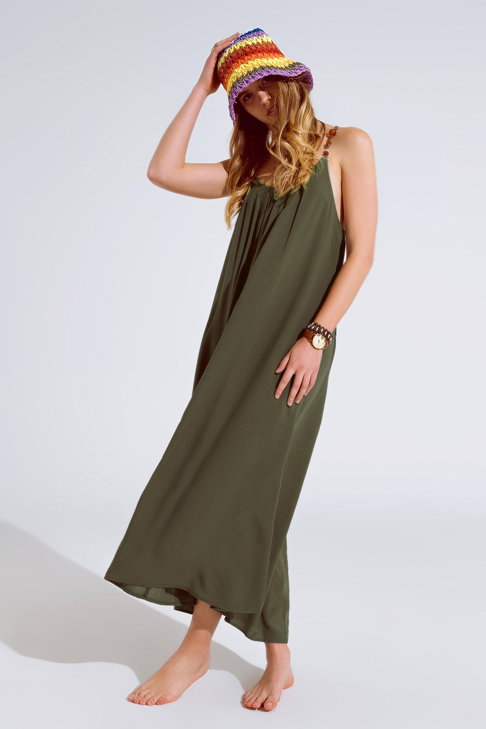 Flowy Khaki maxi Dress With Spaghetti Straps And Beaded Details