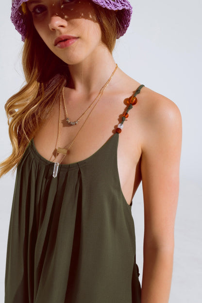 Flowy Khaki maxi Dress With Spaghetti Straps And Beaded Details