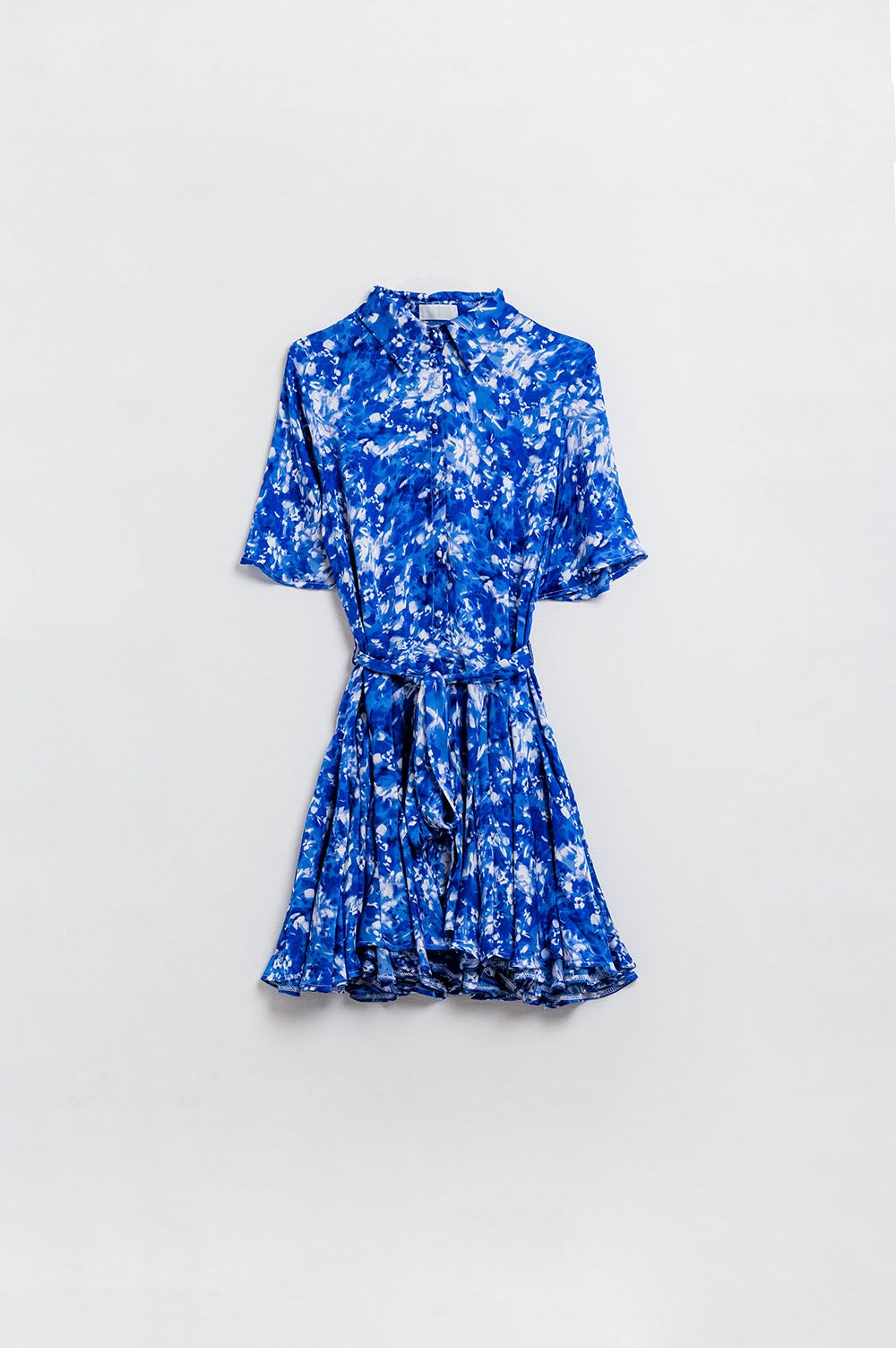 Flowy Short Shirt Dress With Angel Sleeves in Blue Abstract Print