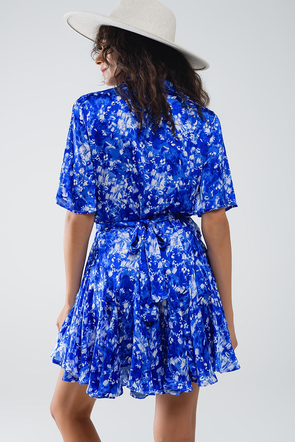 Flowy Short Shirt Dress With Angel Sleeves in Blue Abstract Print