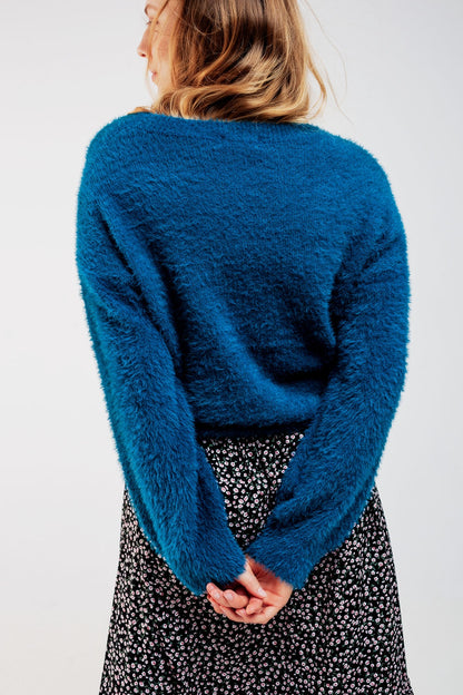 Fluffy knit jumper in blue