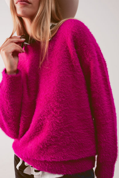 Fluffy knit jumper in fuchsia