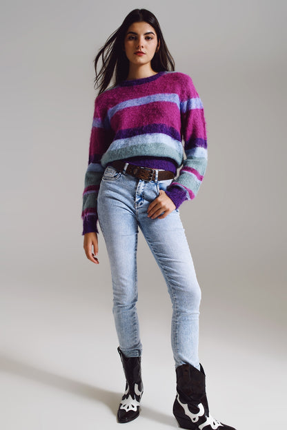 Fluffy Stripy Sweater in Shades of Purple Blue and White