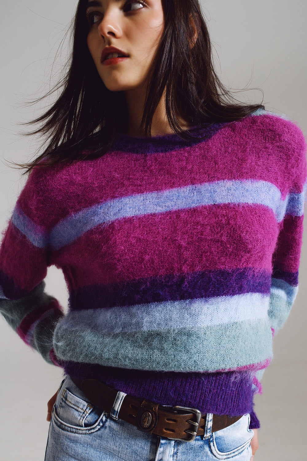 Fluffy Stripy Sweater in Shades of Purple Blue and White