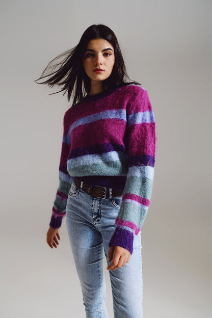 Fluffy Stripy Sweater in Shades of Purple Blue and White